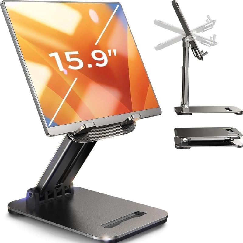 Photo 1 of LISEN Tablet Stand Holder, [Never Tip Over] iPad Stand for Desk [Height & Angle Adjustable] iPad Stands and Holders for Desk Compatible with All Tablets & Smartphones (Black)