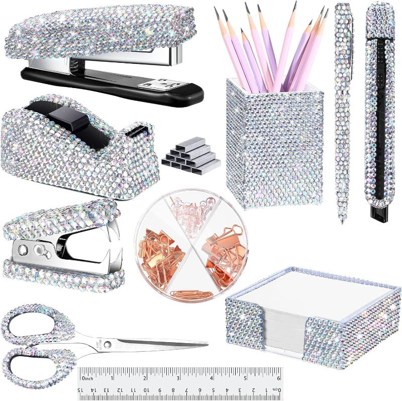 Photo 1 of 10 Pcs Bling Office Accessories for Desk Bling Crystal Office Supplies Set Desk Accessory Kit Glitter Stapler Staple Remover Tape Dispenser Diamond Pen Scissors for Women Office Home Desk (Silver)