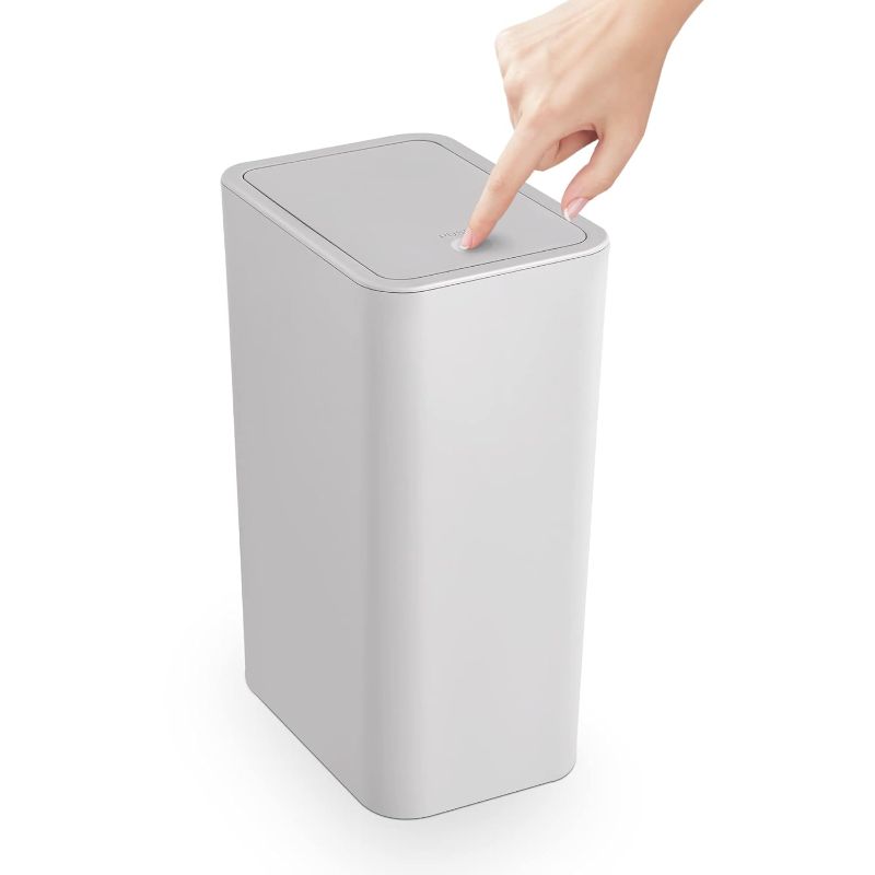 Photo 1 of Bathroom Trash Can with Lid, 2.6 Gallon / 10 Liter Small Garbage Can with Press Top Lid, Plastic Wastebasket with Pop-up Lid for Toilet, Office, Bedroom, Living Room, Grey