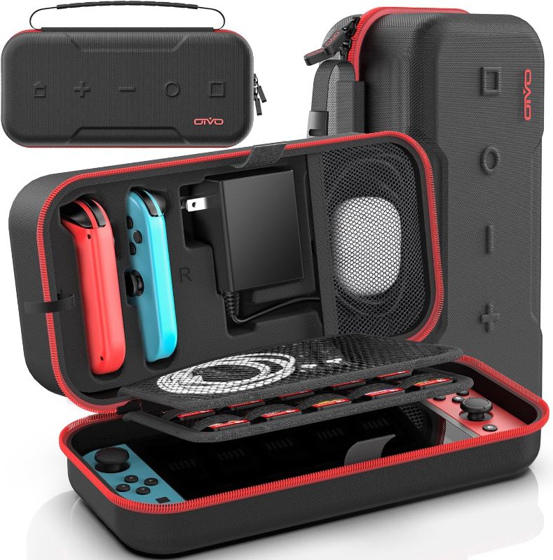 Photo 1 of Switch OLED Carrying Case Compatible with Nintendo Switch & Switch OLED, Portable Switch Travel Carry Case Fit for Joy-Con and Adapter, Hard Shell Protective Switch Pouch Case with 20 Games, Red
