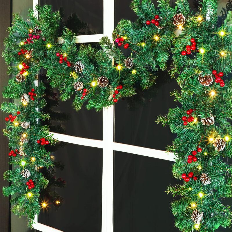Photo 1 of 9 Foot Christmas Lighted Garland, Battery Operated Christmas Garland with Lights, Pre Lit Garland Wreath for Indoor Home Winter Holiday New Year Xmas Decorations