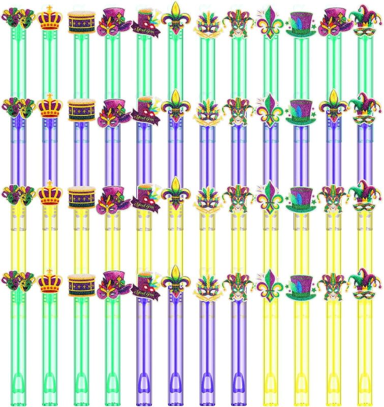 Photo 1 of 48 Pcs Mardi Gras Mini Bubble Wands Mardi Gras Bubbles Party Favors Mardi Gras Birthday Decoration Party Supply, Carnival School Classroom Prizes for Boys and Girls
