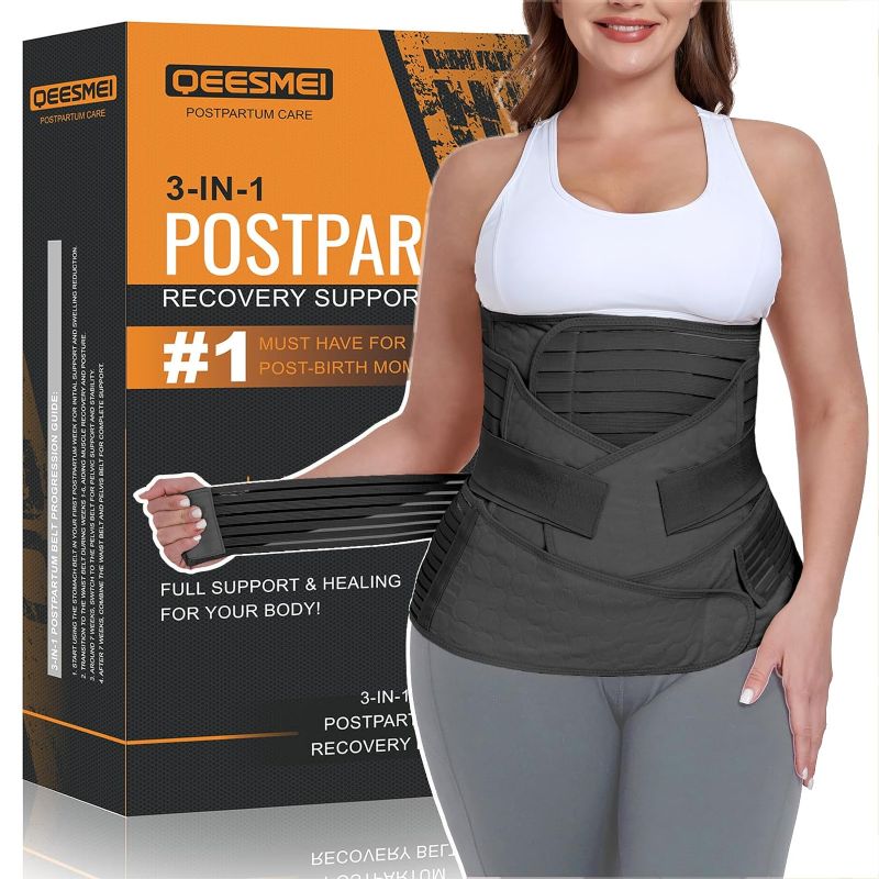 Photo 1 of 3 in 1 Postpartum Belly Support Recovery Wrap - Postpartum Belly Band - Postpartum Essentials Post Partum Waist Binder, Post Surgery Abdominal Binder Shapewear (Black, S/M)
