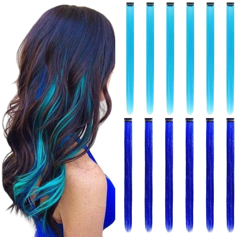 Photo 1 of 12 Pieces Blue and Teal Blue Hair Extensions Clip in for Kids Girls, 22Inch Long Straight Colored Heat Resistant Synthetic, Streak Extension Clips Ins Play Highlights
