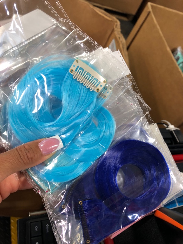 Photo 1 of 12 Pieces Blue and Teal Blue Hair Extensions Clip in for Kids Girls, 22Inch Long Straight Colored Heat Resistant Synthetic, Streak Extension Clips Ins Play Highlights
