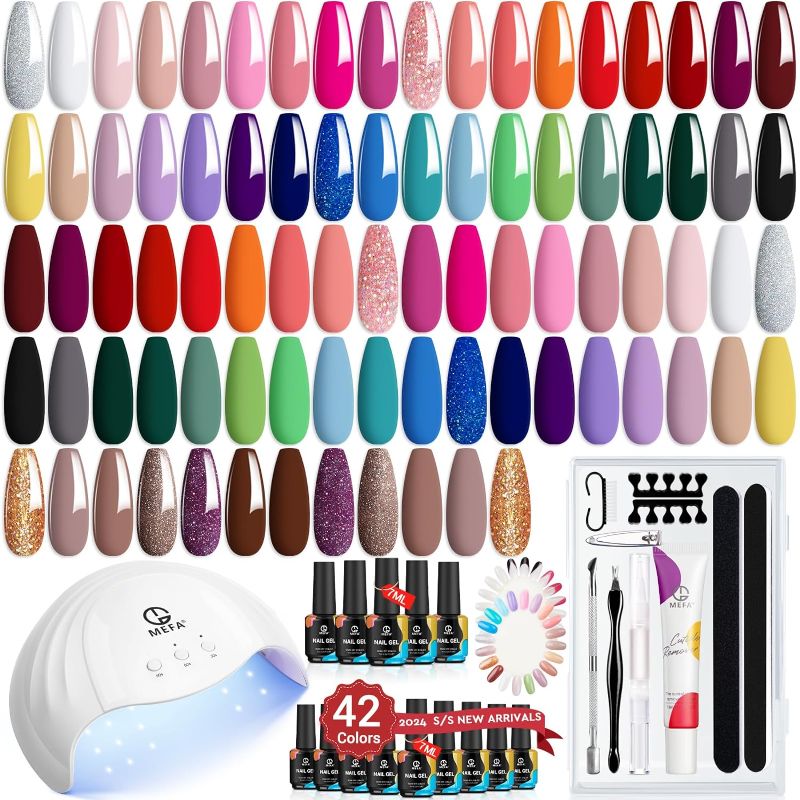 Photo 1 of MEFA 60 Pcs Gel Nail Polish Kit with U V Light, 42 Colors All Seasons Collection Nude Colorful Gel Polish Essential Set with 5 Psc Matte/Glossy Base Top Coat, Cuticle Remover, DIY Salon for Women
