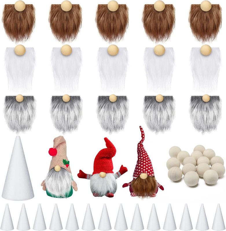 Photo 1 of 60 Pcs Gnomes Beard Sets Faux Fur Pre Cut Gnomes Beard Foam Cone Foam Handmade Wood Balls for Halloween Christmas Day Crafts(White, Green, Gray)