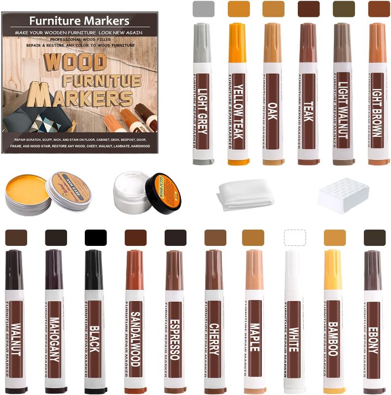 Photo 1 of 22PCS Furniture Markers Touch Up Kit - New 16 Color Wood Markers with Beeswax Wood Putty Filler Wood Scratch Repair Kit, Wood Stain Pen for Repairs, Scratches, Tables, Cabinets, Wood Floors
