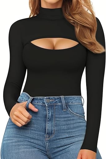 Photo 1 of MANGOPOP Mock Neck Cutout Front Top Long Sleeve Short Sleeve Bodysuits for Women
