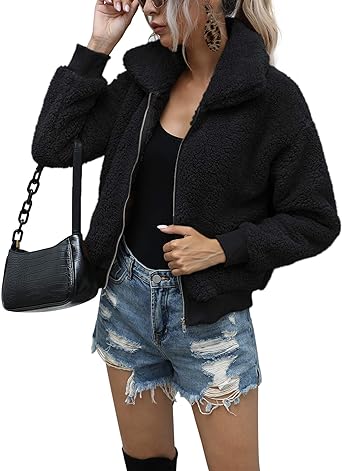 Photo 1 of AKEWEI Women's Short Faux Fur Coat Casual Shaggy Jacket with Pockets Warm Winter Zip-Up Fluffy Outwear
