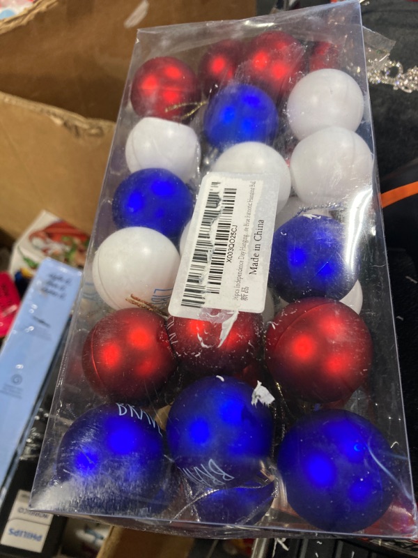 Photo 2 of 36 PCS 4th of July Tree Decorations -Memorial Day Ornaments Ball -1.57 Inch Red White Blue Veterans Day Letter Ball for Independence Day Hanging Holiday Party Patriotic Decorations