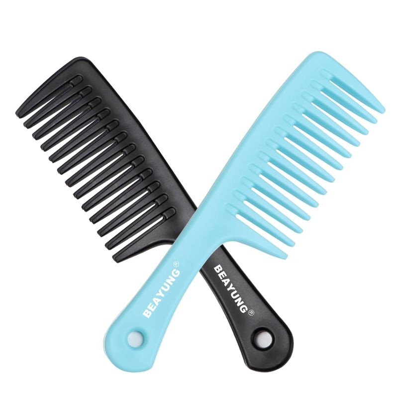 Photo 1 of 2 PCS Large Wide Tooth Comb, Shower Combs for Women, Curly Hair Brush, Detangling Comb, Hair Styling Comb, Hairdressing Tool (1Black,1Blue)
