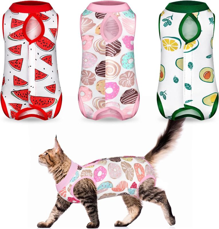 Photo 1 of 3 Pieces Cat Recovery Suit Kitten Recovery Suit E-Collar Alternative for Cats and Dogs Abdominal Skin Anti Licking Pajama Suit (Watermelon Pattern, Small)
