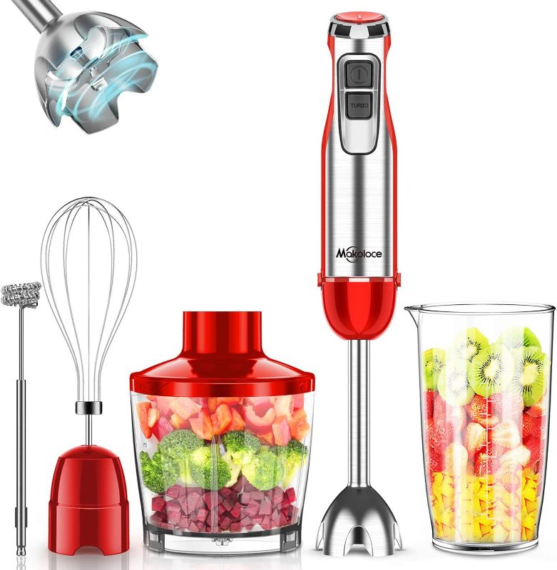 Photo 1 of 5-in-1 Hand Blender, 800W, 12 Speed, Red, Stainless Steel, Includes Blender, Chopper, Beaker, Milk Frother, and Egg Whisk