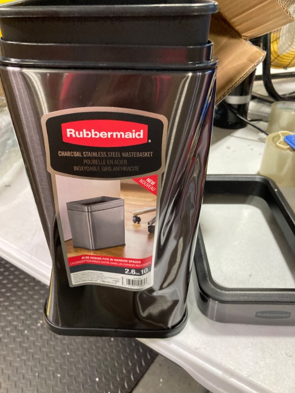 Photo 4 of **DENTED** 
Rubbermaid Stainless Steel Wastebasket, 2.6-Gallon, Charcoal, Trash Can fits Under Desk for Home/Office/Bathroom Rectangle 2.6G Open Top