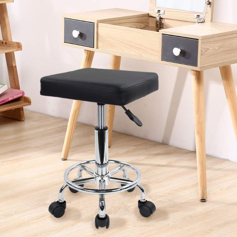 Photo 4 of KKTONER Square Rolling Stool with Foot Rest PU Leather Height Adjustable Medical Spa Drafting Salon Tattoo Work Swivel Stools Task Chair Small (Black)