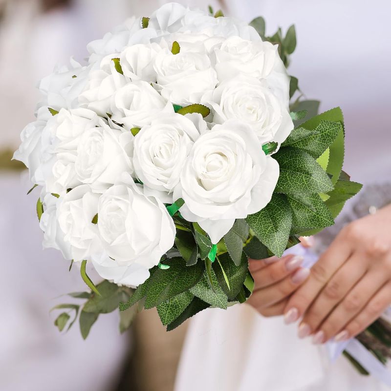 Photo 3 of CEWOR 10pcs Artificial Roses with Stems White Roses Fake Flowers Decorations for Valentine's Day Bridal Bouquet Wedding Party Home Decor (White)