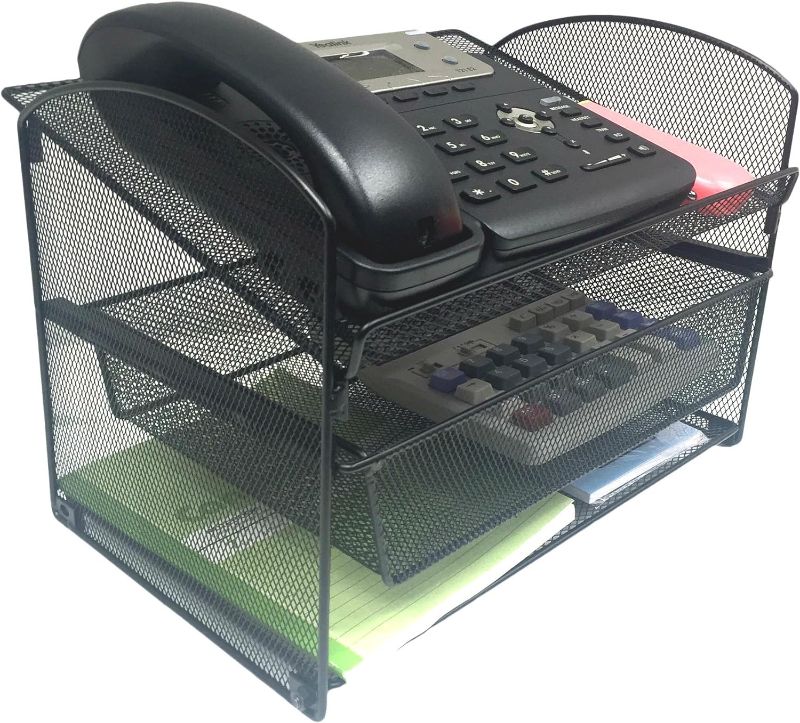 Photo 4 of VANRA Metal Mesh Desktop Organizer Telephone Stand Phone Stand File Sorter Desk File Tray Organize File Folder Holder with Drawer, Black