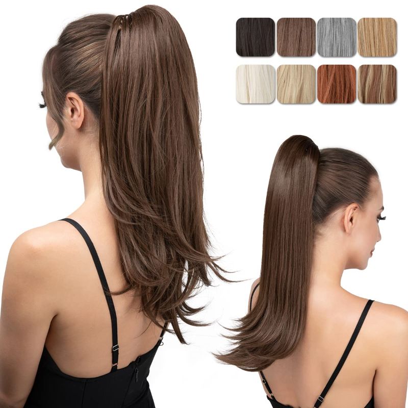 Photo 1 of Clip in Ponytail Extension Medium Brown 18 Inch Pony Tails Hair Extensions for Women Long Straight Curly Tail Ponytail Hair piece Synthetic Fake Versatile Pony