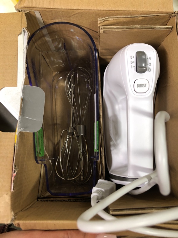 Photo 1 of 5-Speed Electric Hand Mixer with High-Performance DC Motor, Slow Start, Snap-On Storage Case, Stainless Steel Beaters & Whisk, White (62652)