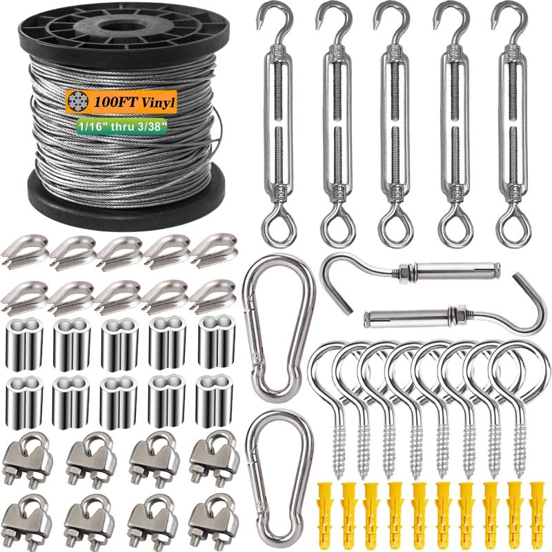 Photo 1 of 
1/16 Wire Rope Kit,304 Stainless Steel Wire Cable 7x7 Strand Core 100ft Vinyl Coated Aircraft Cable,Outdoor String Lights Hanging Kit with Turnbuckles for...
Size:30m/100ft
