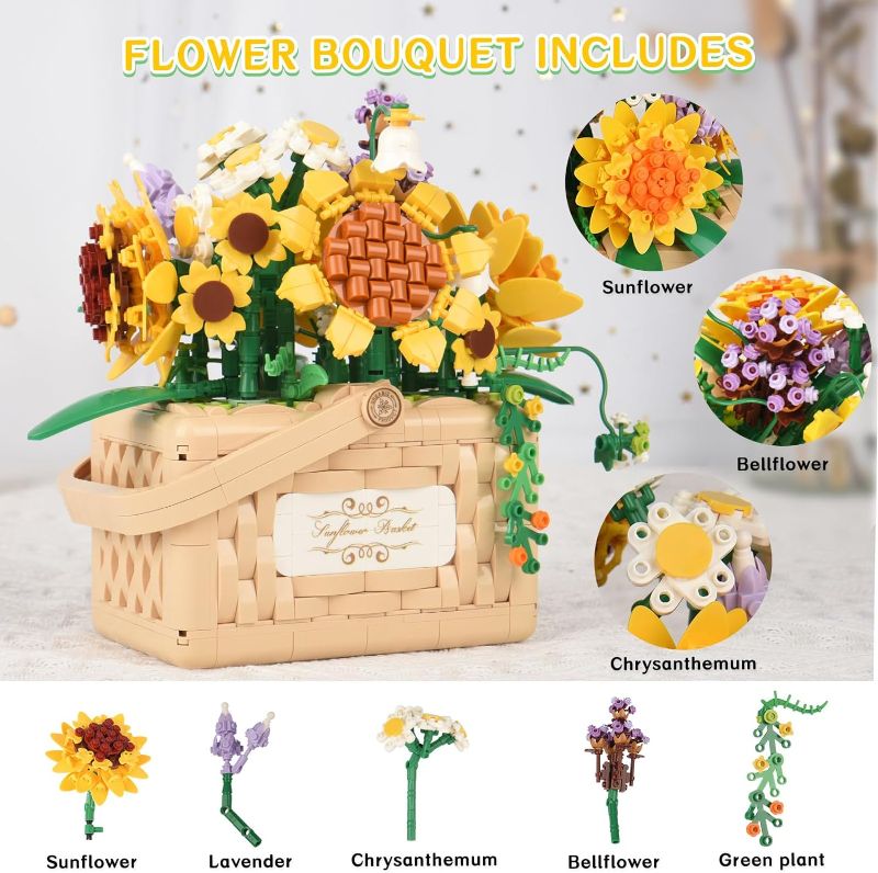 Photo 1 of Allhero Sunflower Flower Bouquet Building Set Basket with LED String Light, Aroma Tablets, Creative Sunflower Flowers Building Blocks Set Toy Decor for Home...