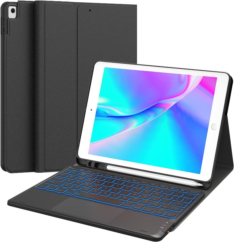 Photo 1 of CHESONA iPad 9th Generation Case with Keyboard, 7 Color Backlit, Multi-Touch Trackpad, Built-in Pencil Holder, 2 Bluetooth Channels, Flip Stand Keyboard