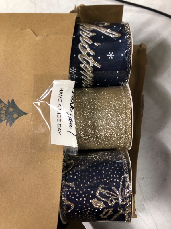 Photo 1 of DINDOSAL Navy Blue and Gold Christmas Tree Ribbon - 2.5 Inch Wired Ribbon, 6 Rolls for Wreaths, Bows, Decorations Navy 6 Rolls