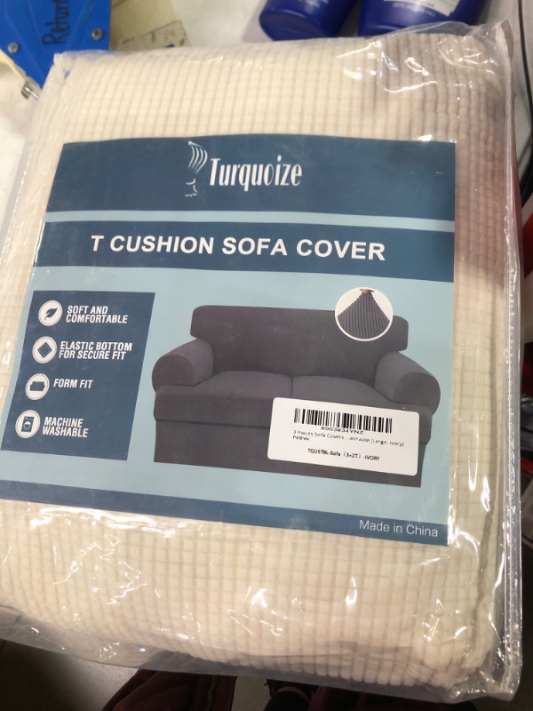 Photo 2 of 3 Pieces Sofa Covers T Cushion Sofa Slipcovers for 2 Cushion Couch Stretch Couch Cover Soft Sofa Slip Cover Furniture Covers with 2 Individual T Cushion Seat Covers, Machine Washable (Large, Ivory) Large Ivory