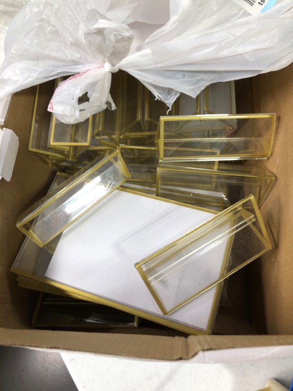 Photo 2 of 24 Pieces Gold Clear Acrylic Sign Holder Double Sided Menu Holder with Gold Borders Clear Sign Display Holder Acrylic Gold Table Number Holders for Wedding, Cards, and Photo Display (Vertical)