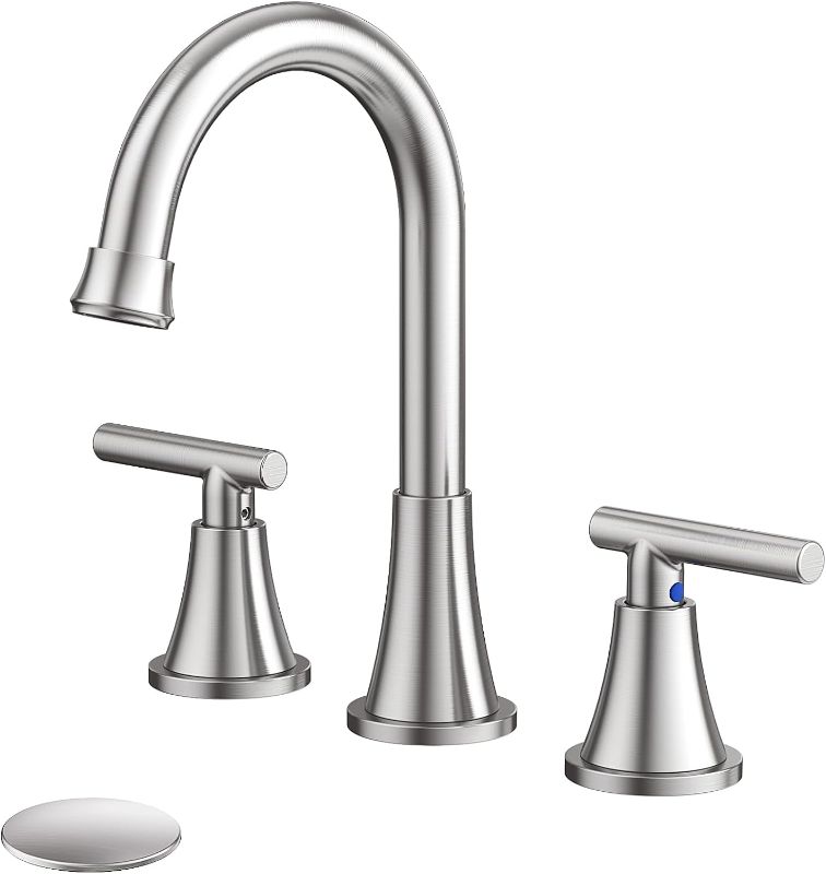 Photo 1 of  Bathroom Faucets for Sink 3 Hole, Faucet for Bathroom Sink with Pop-up Drain & Supply Hoses, 2-Handle 360 Swivel Spout Stainless Steel Lead-Free, Centerset Faucet for Bathroom Vanity Lavatory Brushed Nickel