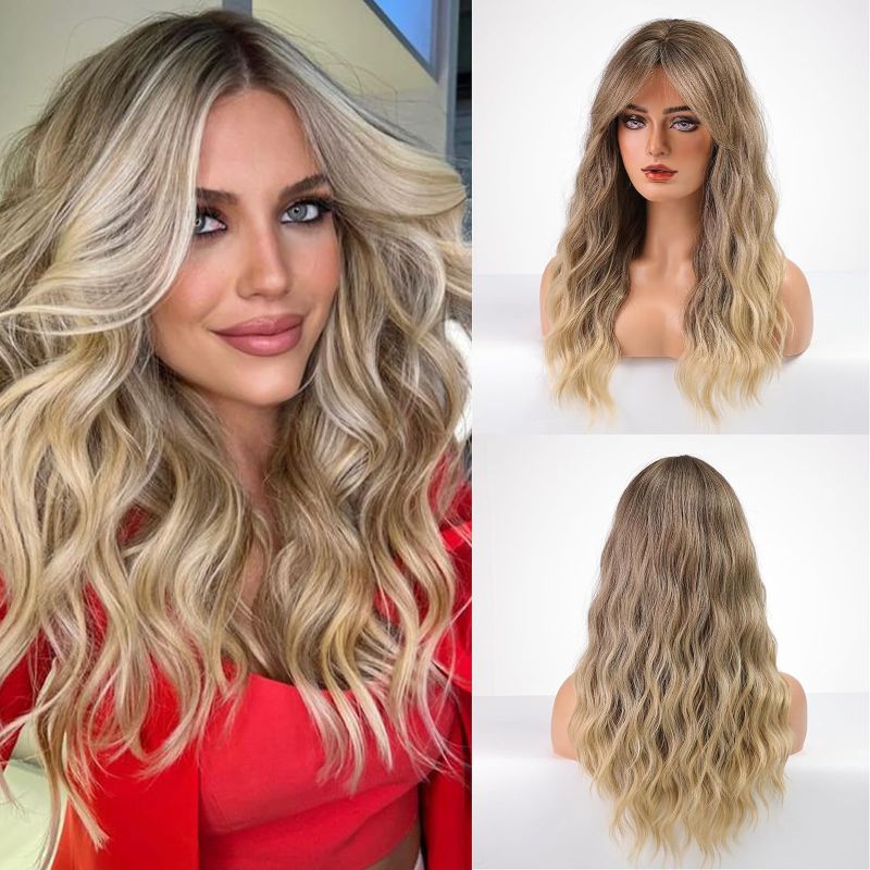 Photo 1 of Honygebia Blonde Wig with Bangs - Long Wavy Ombre Curtain Bang Wigs for White Women, Light Ash Blond Dark Roots Synthetic Heat Resistant Hair, Natural Cute Strawberry Wigs for Halloween/Christmas Ombre Ash Blonde