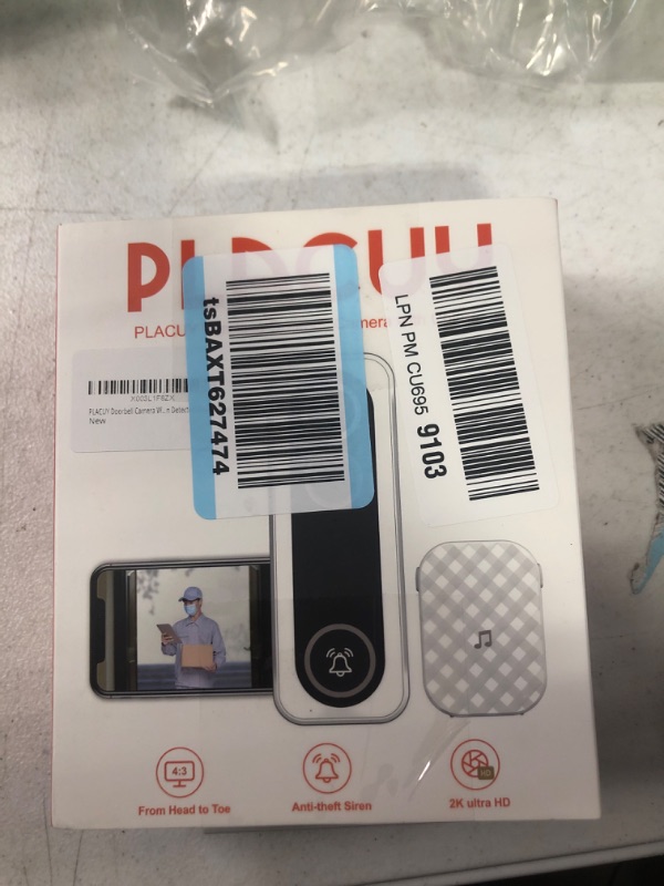 Photo 1 of **FOR PARTS**PLACUY Doorbell Camera Wireless, 2K Video Doorbell Wireless, Battery Operated Doorbell with Chime, 2 Way Audio, Voice Message and Voice Changer, Anti-Theft Siren, PIR Motion Detector, Cloud Storage Black and White