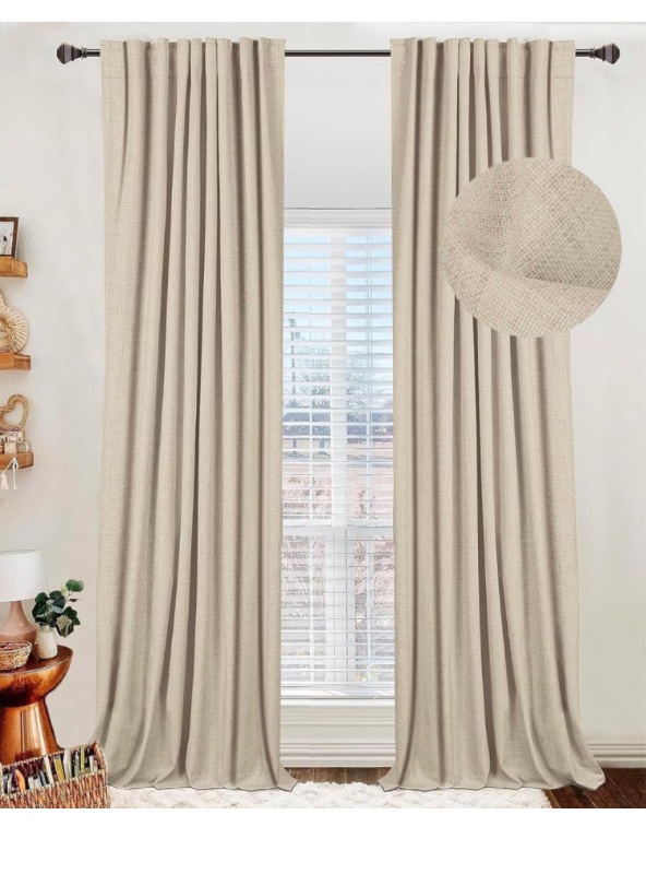 Photo 1 of 100% Blackout Shield Linen Blackout Curtains for Bedroom 96 Inches Long,Back Tab/Rod Pocket Living Room Drapes,Thermal Insulated Textured Blackout Curtains 2 Panels Set,50" W x 96" L,Natural