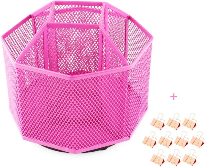 Photo 1 of Rotating Pencil Holder - Pen Holder for Desk - 360 Degree Rotating Pen Caddy Holders Desk Organizer with 5 Compartments - Mesh Desktop Stationary Organizer for Home, Office with 8 Clips (Pink)