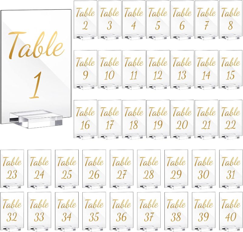 Photo 1 of 40 Pack Gold Acrylic Wedding Table Number 1-40 Clear Wedding Table Stand with Numbers Calligraphy Table Number Holders 4 x 6 Inch Acrylic Table Signs for..