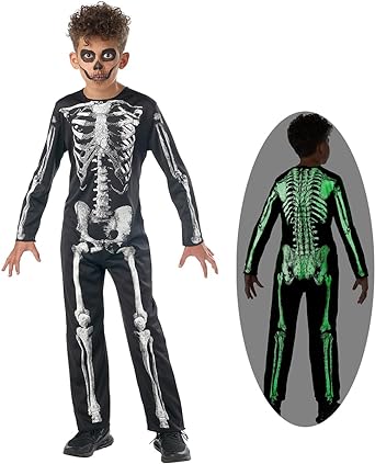 Photo 1 of HAPNBCELE Skeleton Costume Kids Glow in The Dark Bones Outfit Jumpsuit Dress up Halloween Costumes for Boys Girls Medium Black