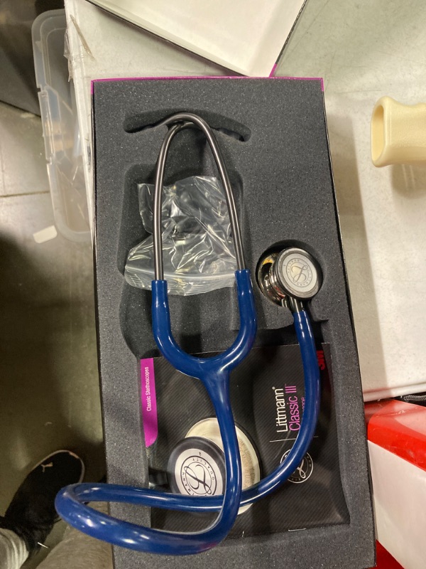 Photo 2 of 3M Littmann Classic III Monitoring Stethoscope, Mirror - Finish Chestpiece, Navy Blue Tube, Smoke Stem and Headset, 27 inch, 5863 Mirror Finish Chestpiece, Navy Blue Tube