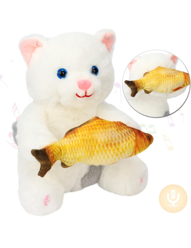 Photo 1 of Hopearl Peek A Boo Cat with Fish Interactive Repeats What You Say Plush Kitten Toy Musical Singing Talking Stuffed Animal Adorable Electric Animate Birthday Festival, White,11''