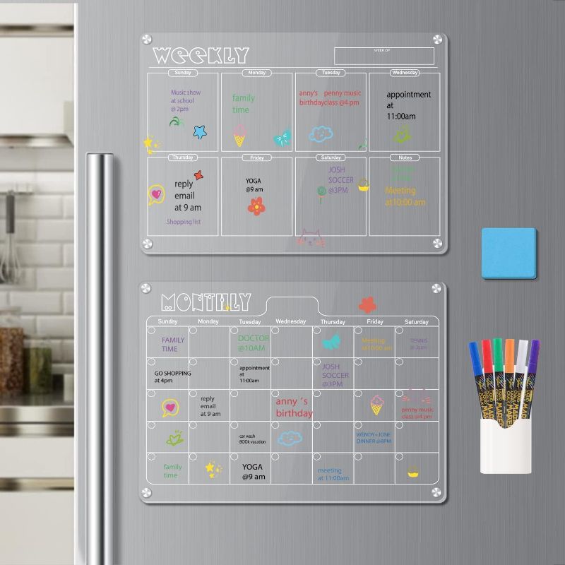 Photo 1 of 
Hivillexun 17"x12" Clear Acrylic Magnetic Dry Erase Board with Monthly & Weekly Planner, 6 Markers & Large Eraser for Refrigerator Organization