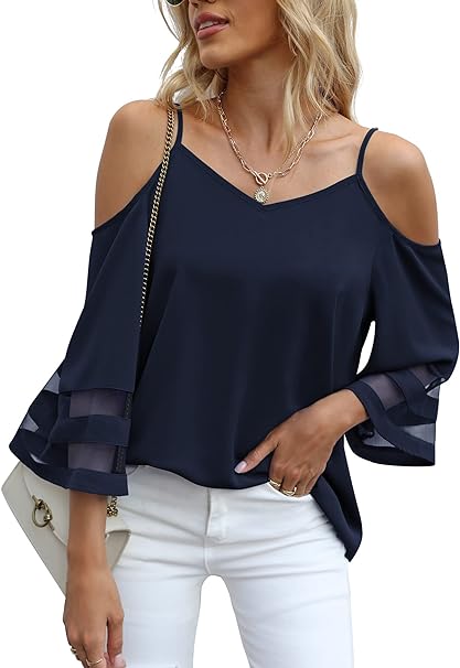 Photo 1 of Jouica Women‘s Summer Cold Shoulder Tops Mesh Panel 3/4 Bell Sleeve Tees Adjustable Spaghetti Strap Loose Fit Shirts - LARGE