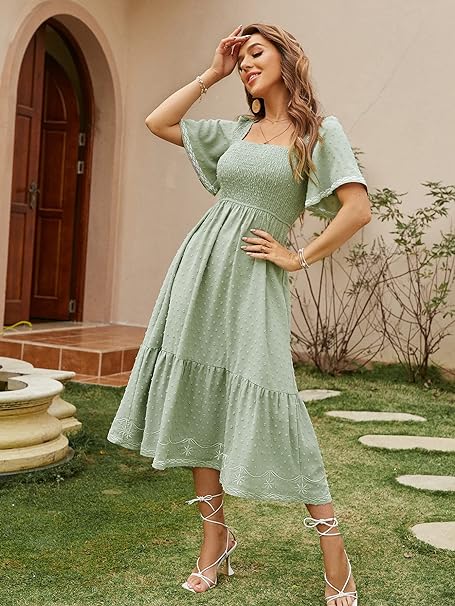 Photo 1 of Glamaker Women's Short Sleeve Smocked Square Neck A Line Summer Flowy Maxi Long Dress GREEN - LARGE