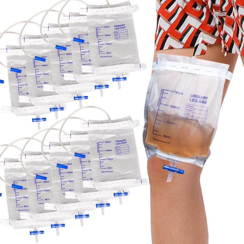 Photo 1 of 10 Pack Leg Urinary Drainage Bags with Cloth Straps, Anti-Reflux Valve, 750ml Urine Leg Bags, Easy Push-Button Drain, 2 Adjustable Elastic Bands, Urinary Bag for Home and Hospitals Health Aids