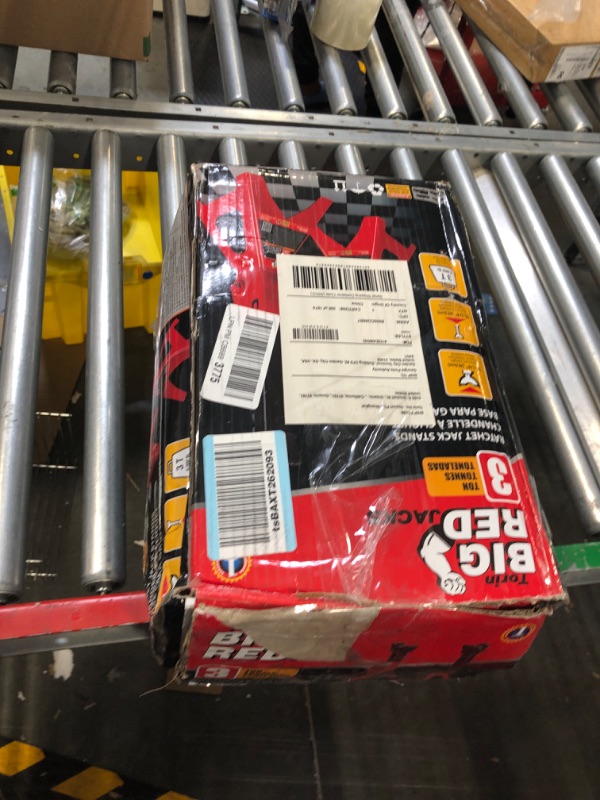 Photo 1 of BIG RED T43202 Torin Steel Jack Stands: 3 Ton (6,000 lb) Capacity, Red, 2 Count (Pack of 1) & MAXXHAUL 70472 Solid Rubber Heavy Duty Black Wheel Chock 2-Pack, 8" x 4" x 6" 2 count (pack of 1) Stands + Black Wheel Chock 2-Pack