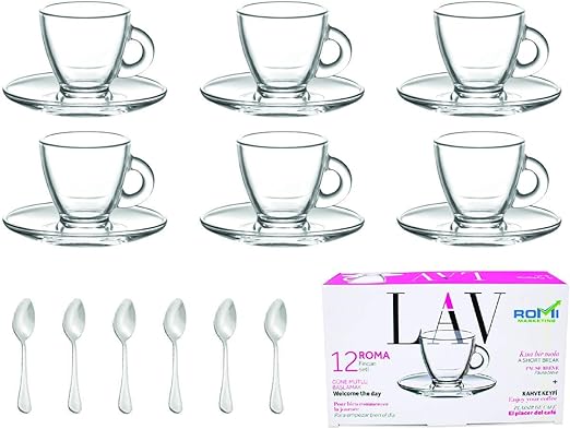 Photo 1 of "LAV" 3.2-Ounce. Small Demitasse Clear Glass Espresso Drinkware, Set of 6 Cups/Saucers + Set of 6 Stainless Steel 18/10 mini Espresso Spoons! Hostess By ROMI marketing
