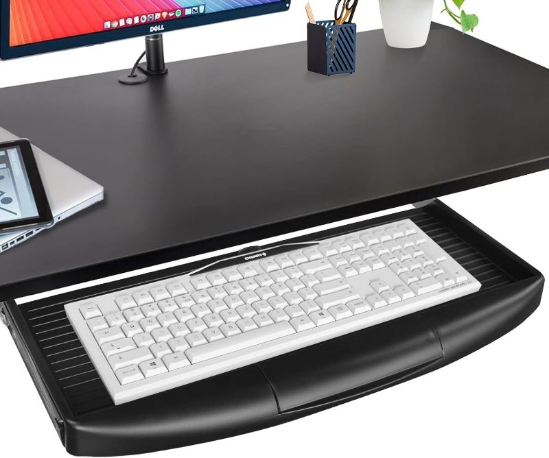 Photo 1 of 22"Wx11"D Under Desk Keyboard Tray Slide Out, Pull Out Keyboard Tray for Desk with Pen Holder, Sturdy Keyboard Shelf Under Desk, Black Keyboard Drawer Desk Extender
