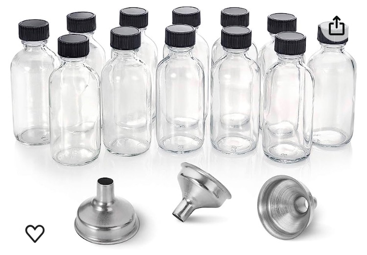 Photo 1 of 12 Pack, 2 oz Small Clear Glass Bottles w/ Lid & 3 Stainless Steel Funnels - 60ml Boston Sample Bottles - Mini Travel Essential or Decorative Bottles for Potion, Juice, Wellness, Ginger Shots, Whiskey