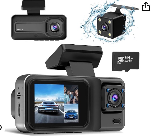 Photo 1 of 3 Channel 4K Dash Cam, Dash Camera for Cars with Free 64GB SD Card, 4K+1080P+1440P Dash Cam Front and Rear Inside, Super Night Vision, Loop Recording, G-Sensor, Motion Detection, 24 Hours Parking Mode