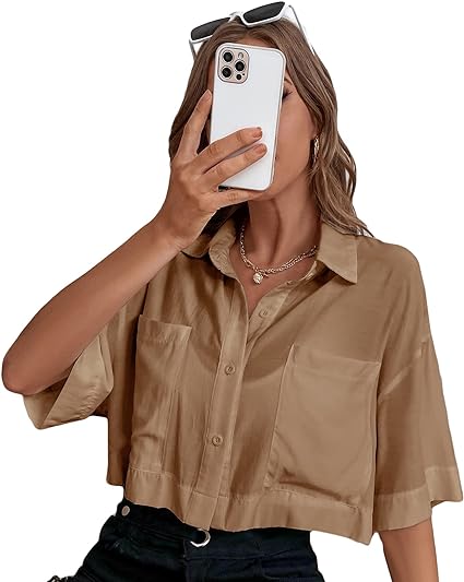 Photo 1 of Falainetee Women's Pocket Half Sleeve Button Front Summer Oversized Crop Blouse Tops
