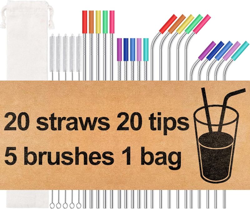 Photo 1 of 20 Pack Reusable Stainless Steel Metal Straws,10.5" & 8.5" Reusable Drinking Straws with 20 Silicone Tips 5 Straw Brushes 1 Travel Case,Eco Friendly Extra Long Metal Straw Fit for 20 24 30 oz Tumbler
